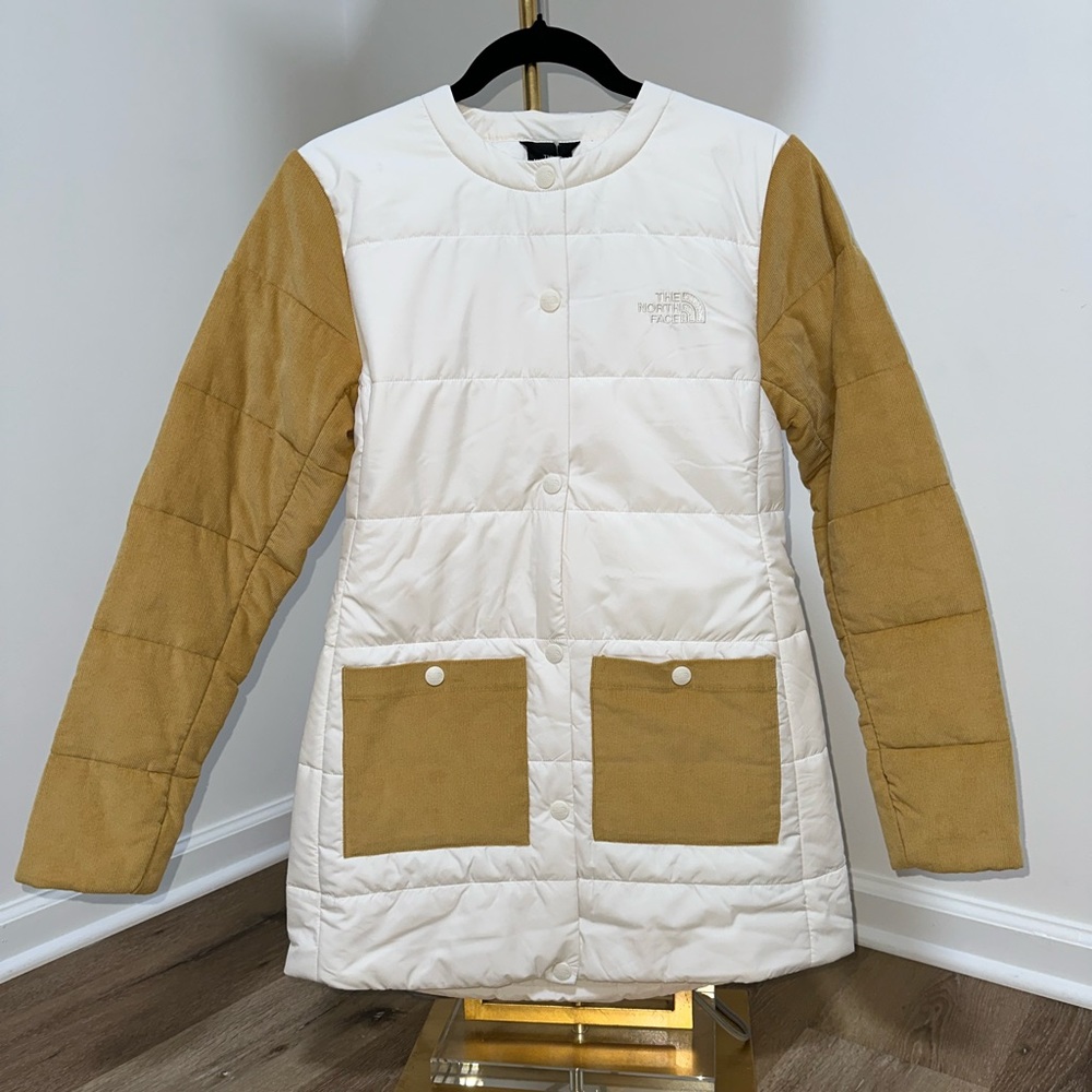 XS North Face White Jacket with Tan Corduroy Sleeves